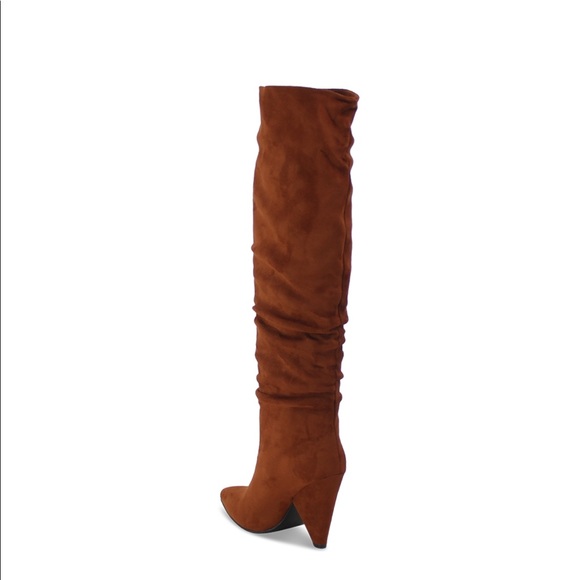 Women’s Cone Heel Knee High Slouchy Boot with Pointed Toe in Camel Faux Suede - Picture 3 of 14